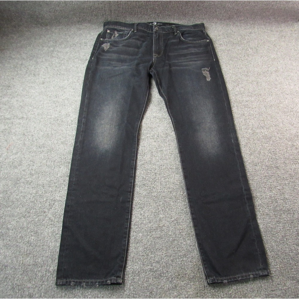7 For All Mankind Jeans Mens 36x33 Adrien Black Distressed Denim Slim Fit‎
